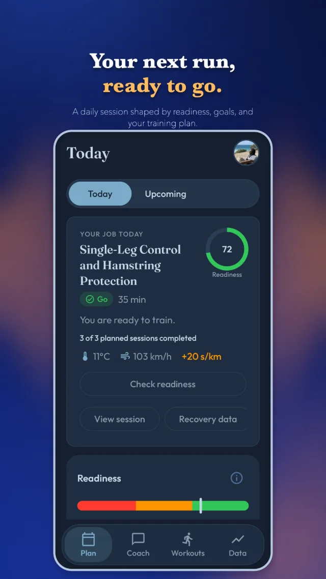 BORGCoach Android Today screen showing a running session and readiness overview
