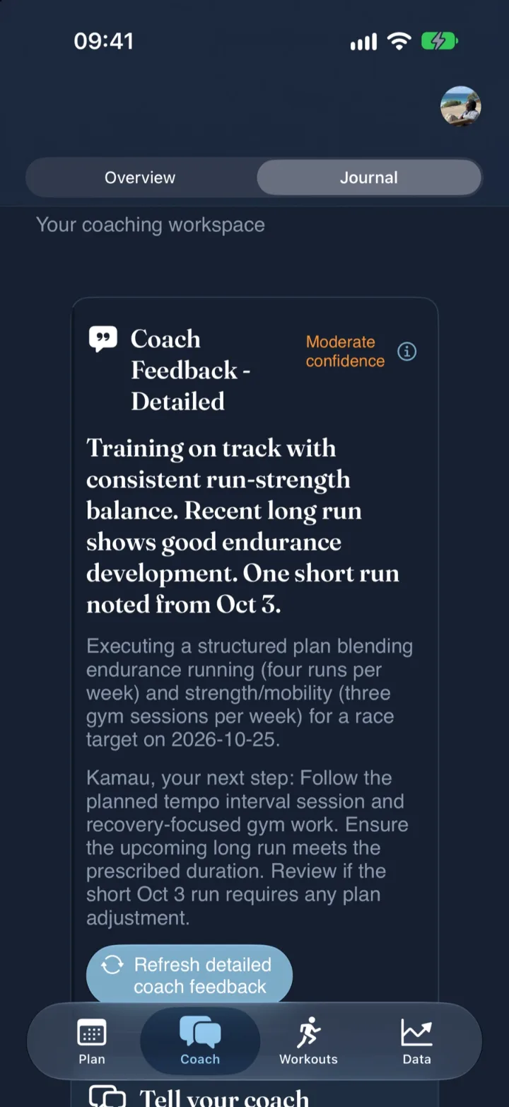 Coach tab: detailed coach feedback marked with a moderate confidence level.