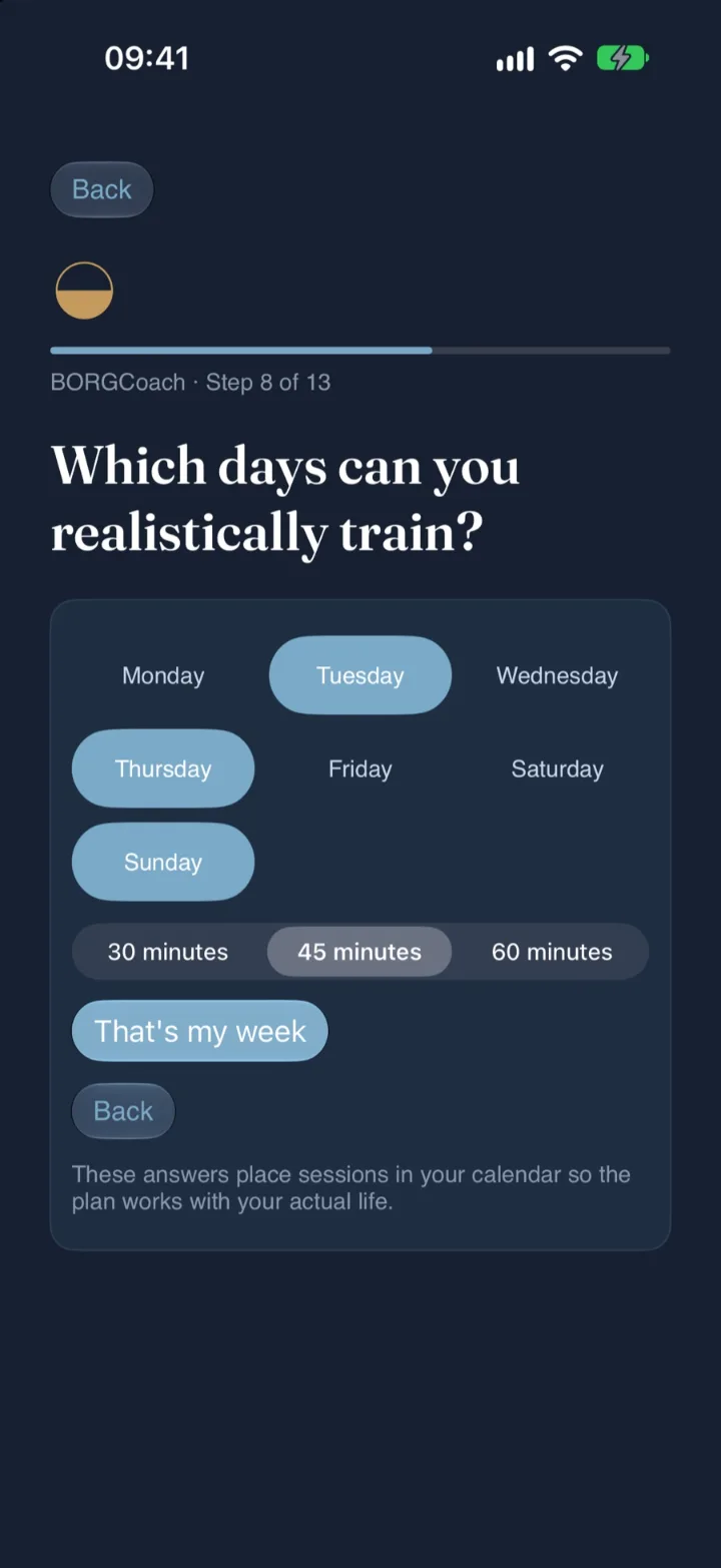 Onboarding question: which days can you realistically train, with Tuesday, Thursday and Sunday and 45 minutes selected.