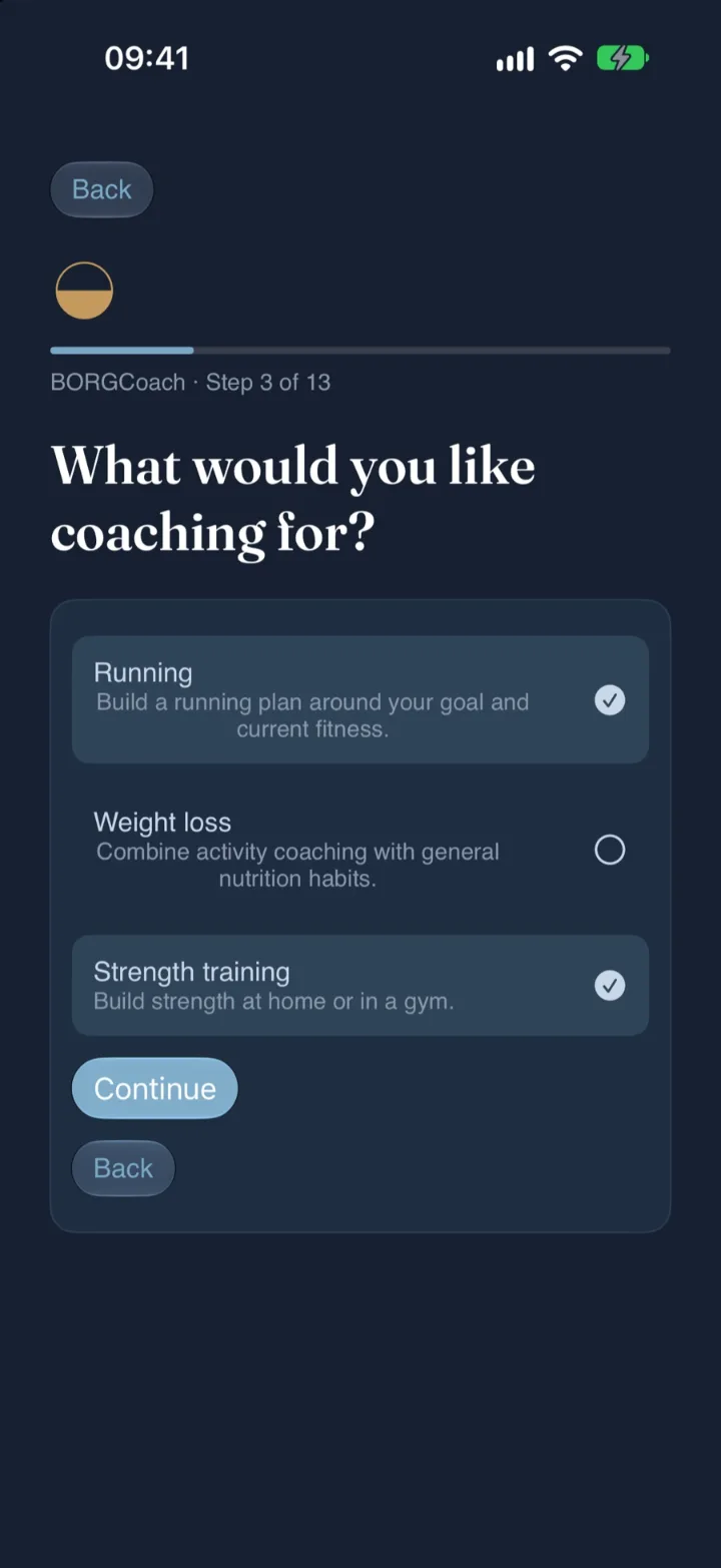 Onboarding question: what would you like coaching for, with Running and Strength training selected.