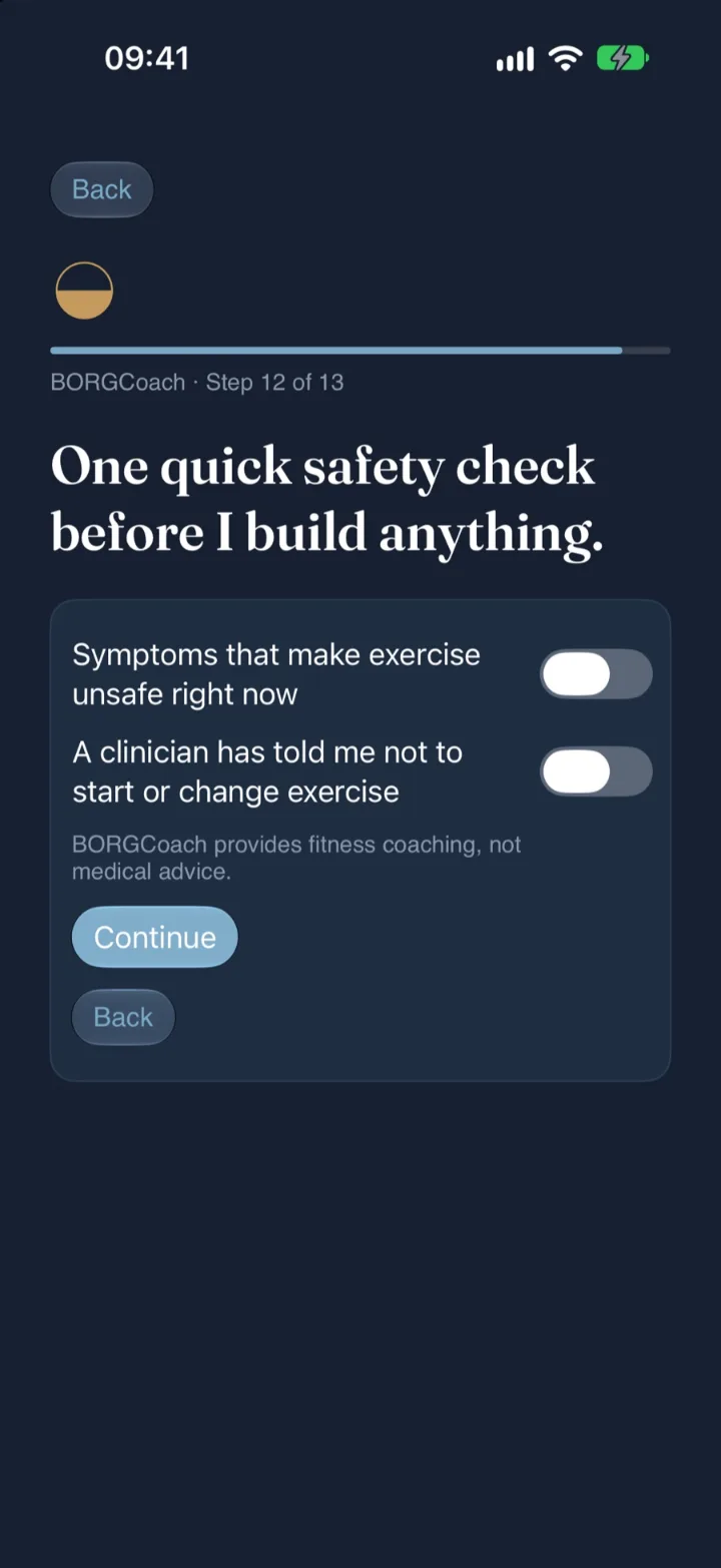 Onboarding safety check before any plan is built.