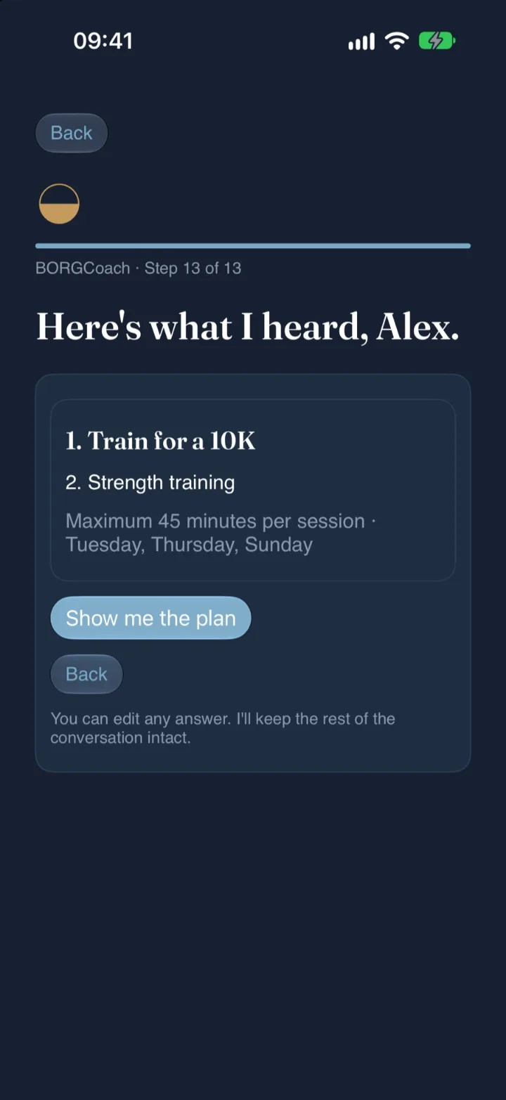 Onboarding summary: a 10K goal first, strength training second, 45-minute sessions on Tuesday, Thursday and Sunday.