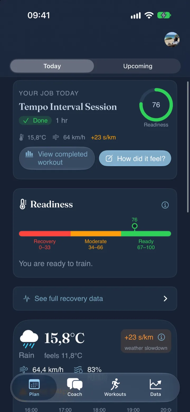 Plan tab: today's Tempo Interval Session, readiness 76, weather slowdown.