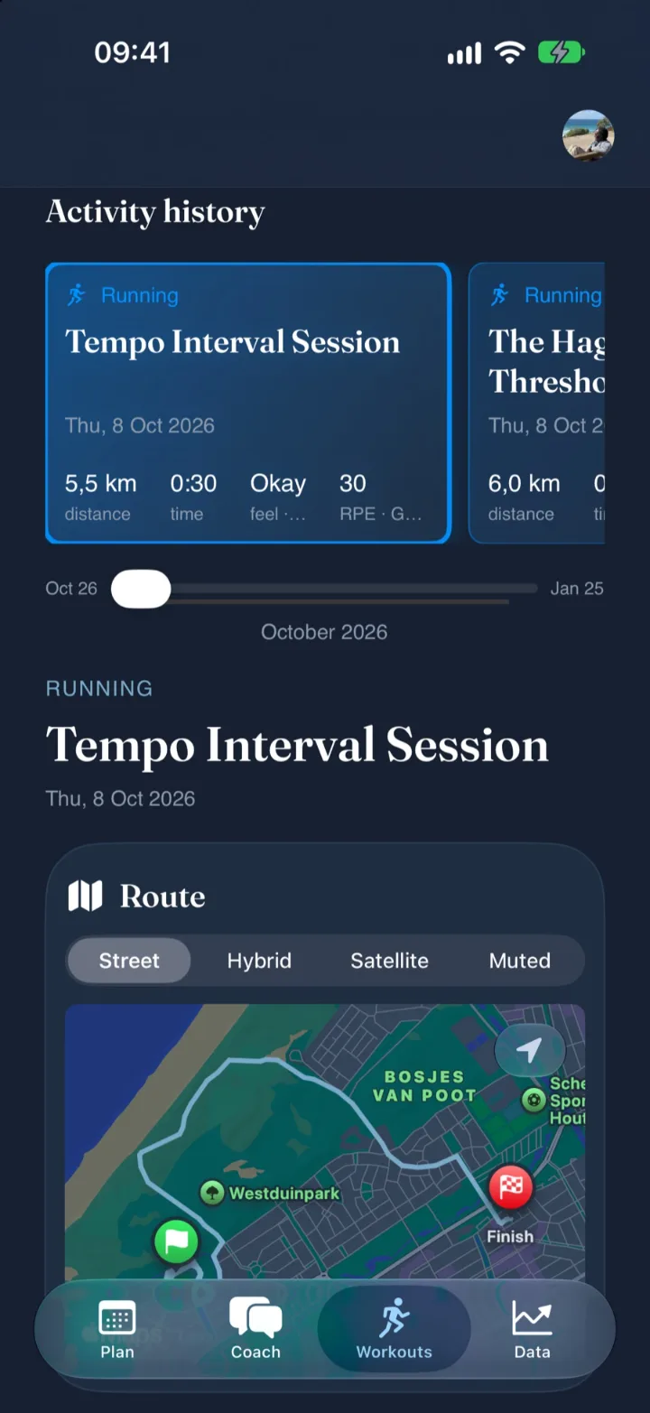 Workouts tab: activity history and a route map for a Tempo Interval Session.